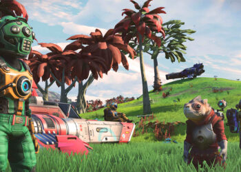Exploradores en un planeta de No Man’s Sky