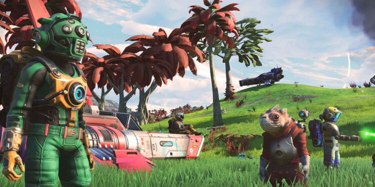Exploradores en un planeta de No Man’s Sky