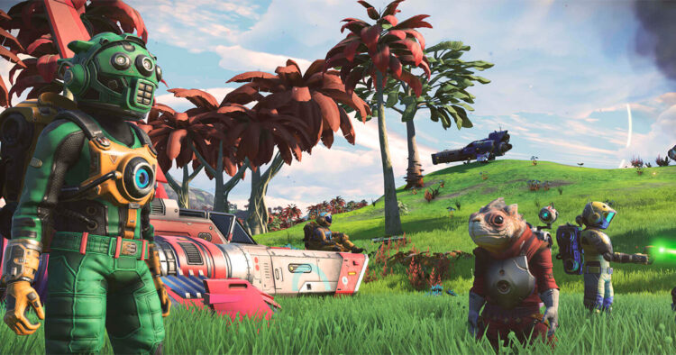 Exploradores en un planeta de No Man’s Sky