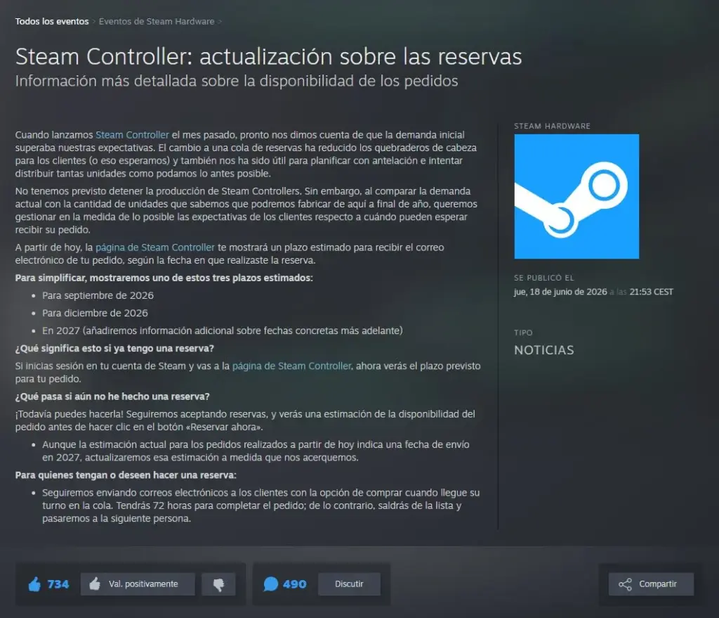 problemas con las reservas del Steam Controller