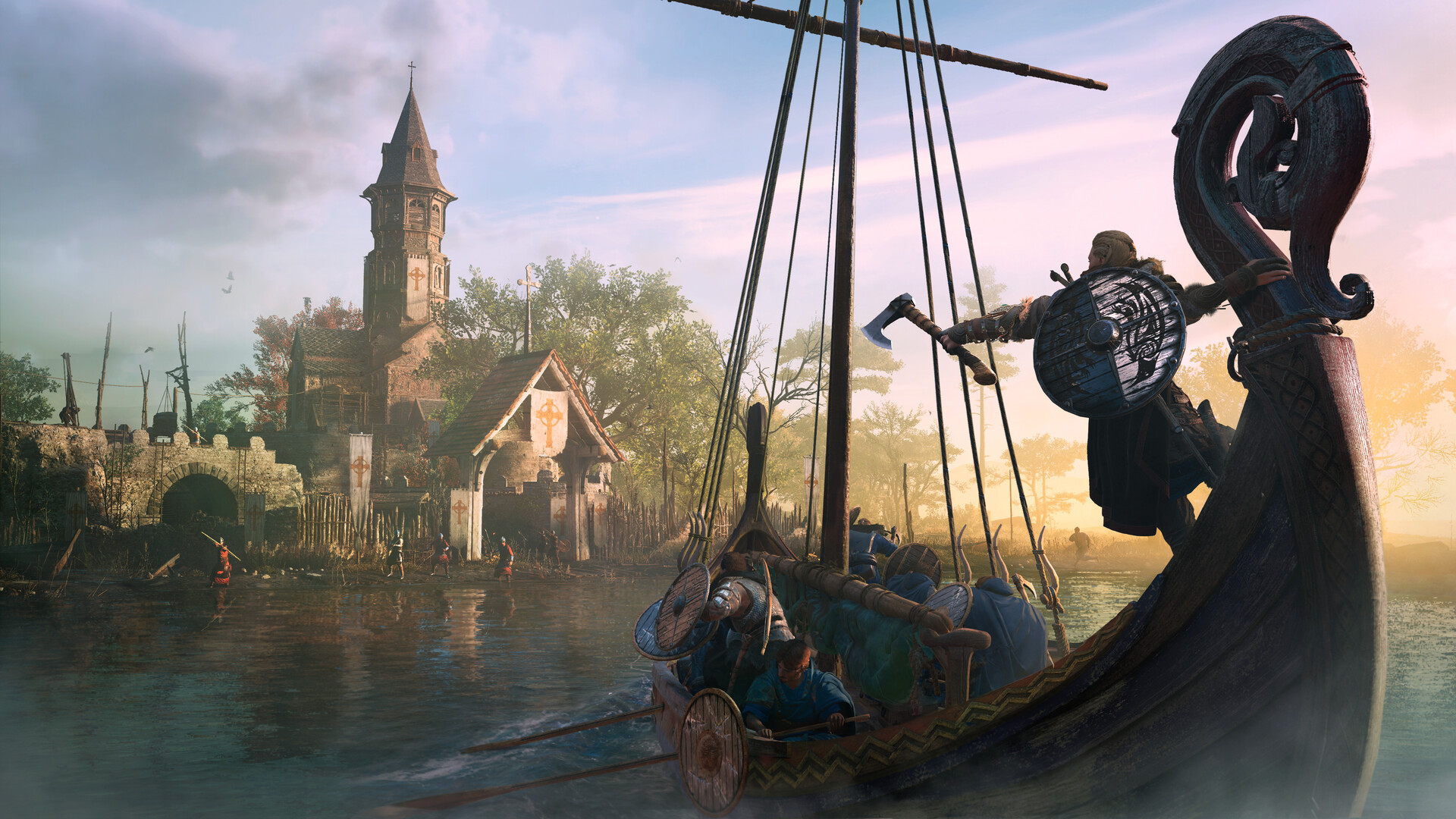 Eivor en la proa de un drakkar frente a un pueblo inglés en Assassin's Creed Valhalla