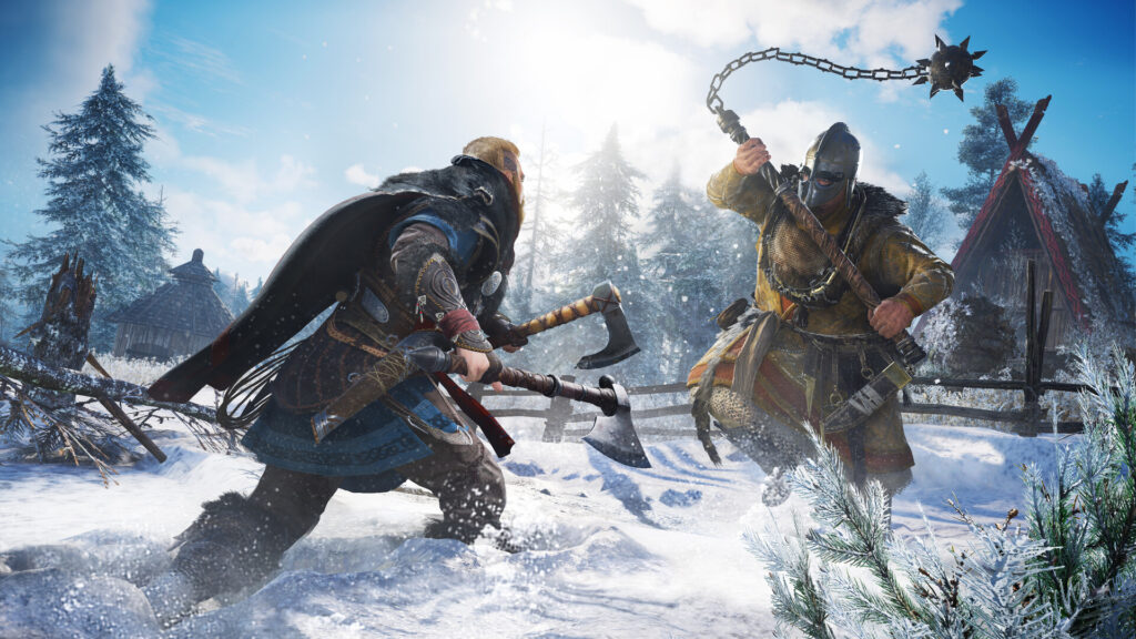 Eivor esquiva un mangual en un combate en la nieve de Assassin’s Creed Valhalla