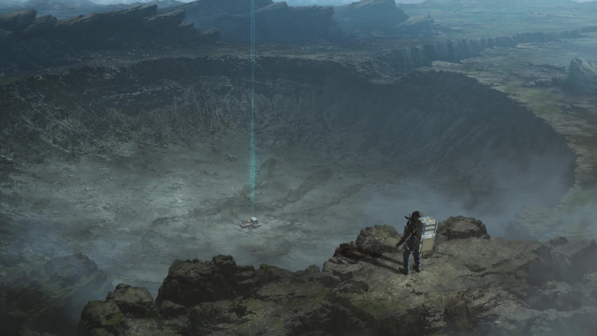 Una figura frente a un enorme cráter en el primer tráiler de Death Stranding Isolations