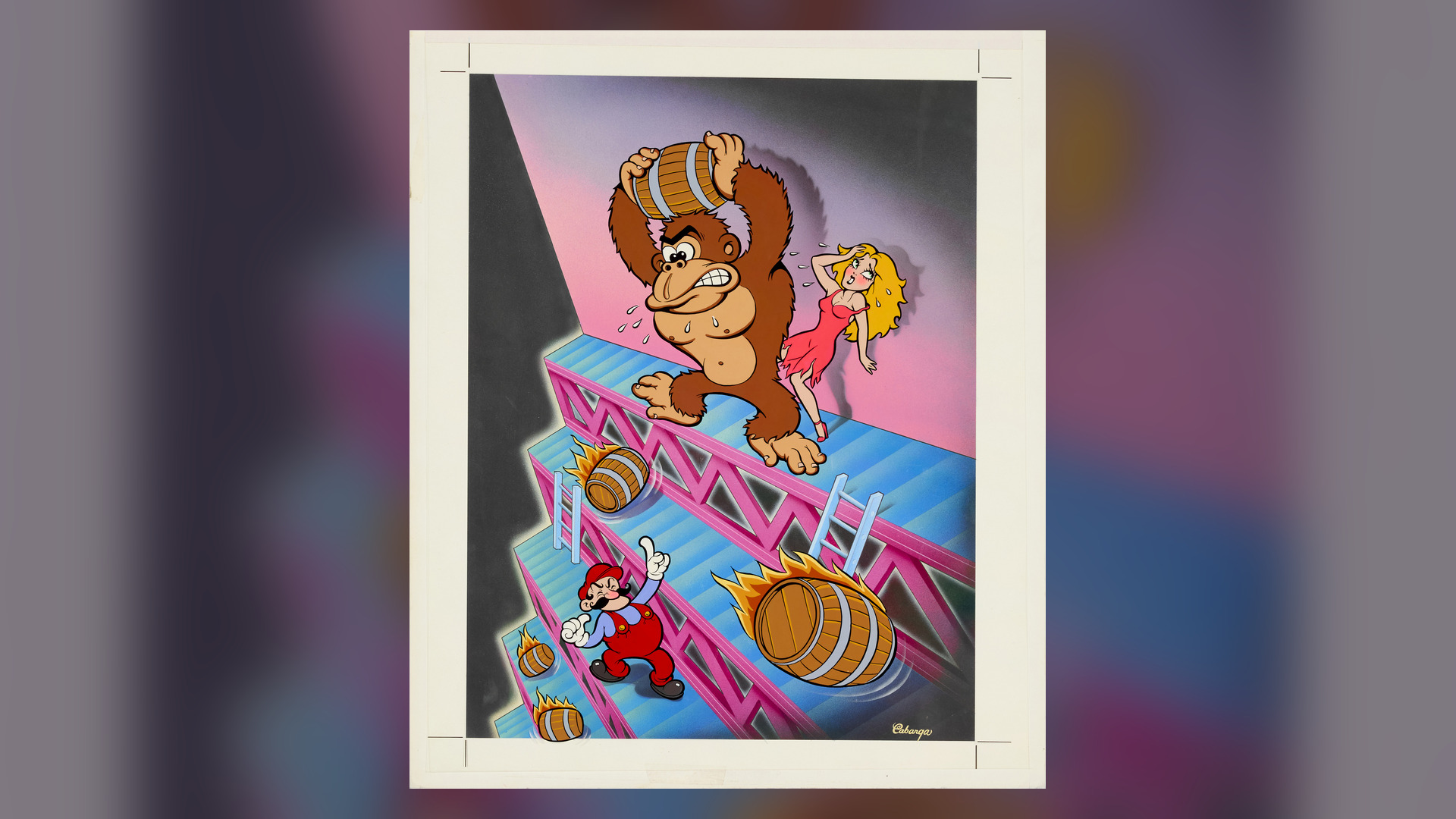 Pintura original de Leslie Cabarga para el folleto del arcade Donkey Kong de 1981, con Donkey Kong, Pauline y Jumpman