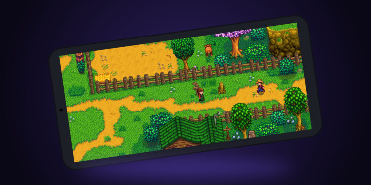 Montaje de un móvil Android en horizontal con Stardew Valley en pantalla