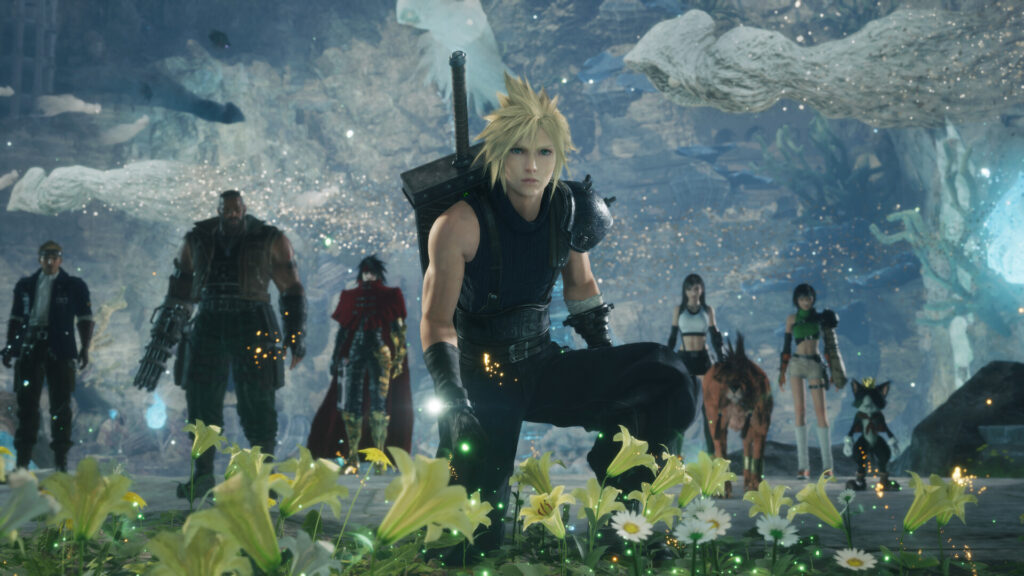 Cloud y su grupo en un bosque de flores luminosas en Final Fantasy VII Revelation