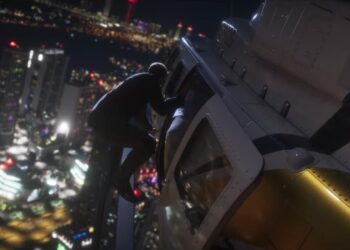 Vista nocturna de Vice City desde un helicóptero en el tráiler de lanzamiento de GTA VI