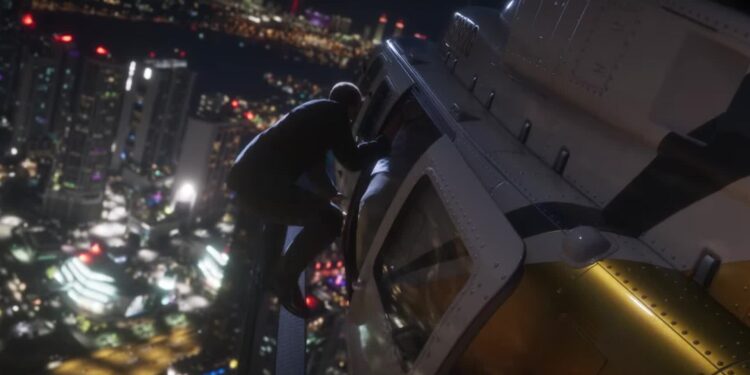 Vista nocturna de Vice City desde un helicóptero en el tráiler de lanzamiento de GTA VI