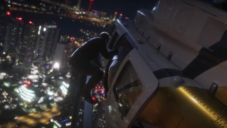 Vista nocturna de Vice City desde un helicóptero en el tráiler de lanzamiento de GTA VI