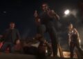 Jason y Lucia con un grupo de personajes de noche en el tráiler de lanzamiento de GTA VI