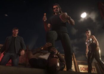 Jason y Lucia con un grupo de personajes de noche en el tráiler de lanzamiento de GTA VI