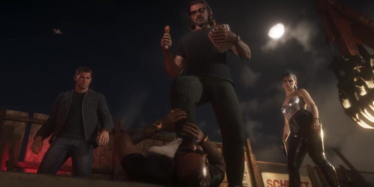 Jason y Lucia con un grupo de personajes de noche en el tráiler de lanzamiento de GTA VI