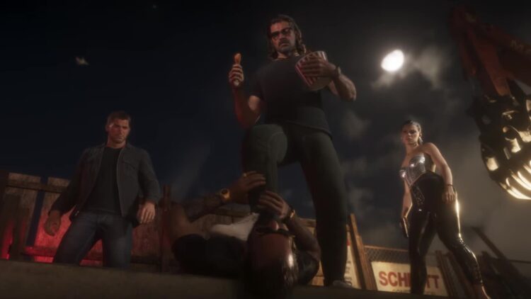 Jason y Lucia con un grupo de personajes de noche en el tráiler de lanzamiento de GTA VI