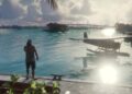 Jason frente a un muelle con hidroavión en Leonida, en el tráiler de lanzamiento de GTA VI