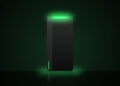 Imagen conceptual de una consola negra con luz verde; no es el diseño real de la próxima Xbox