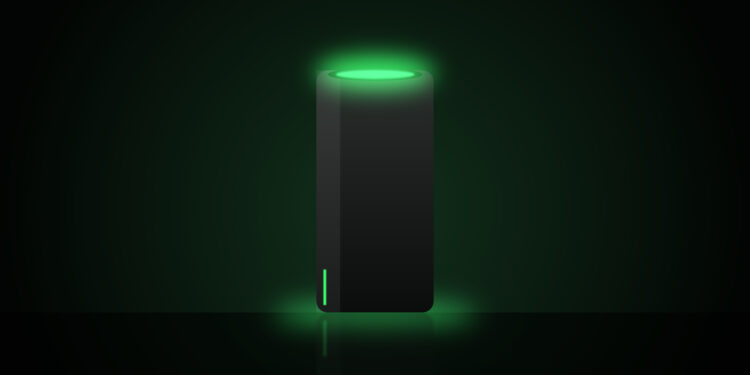 Imagen conceptual de una consola negra con luz verde; no es el diseño real de la próxima Xbox