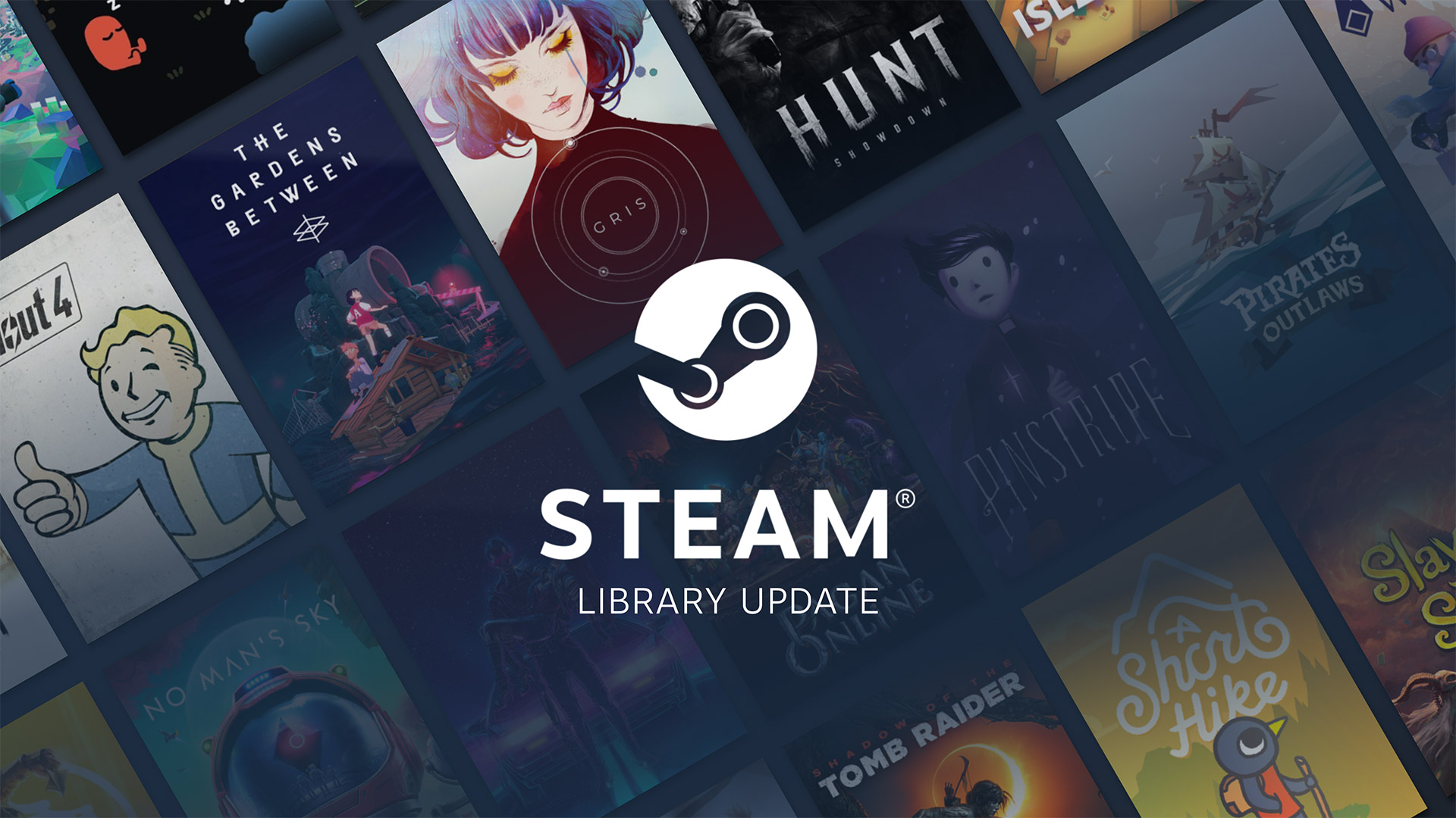Logotipo de Steam sobre una cuadrícula de portadas de juegos de la biblioteca