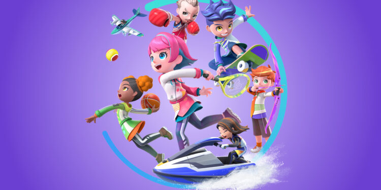 Personajes de Nintendo Switch Sports Resort jugando al tenis, baloncesto, skate, tiro con arco, boxeo y motos de agua