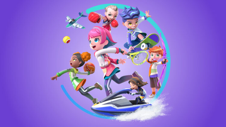 Personajes de Nintendo Switch Sports Resort jugando al tenis, baloncesto, skate, tiro con arco, boxeo y motos de agua