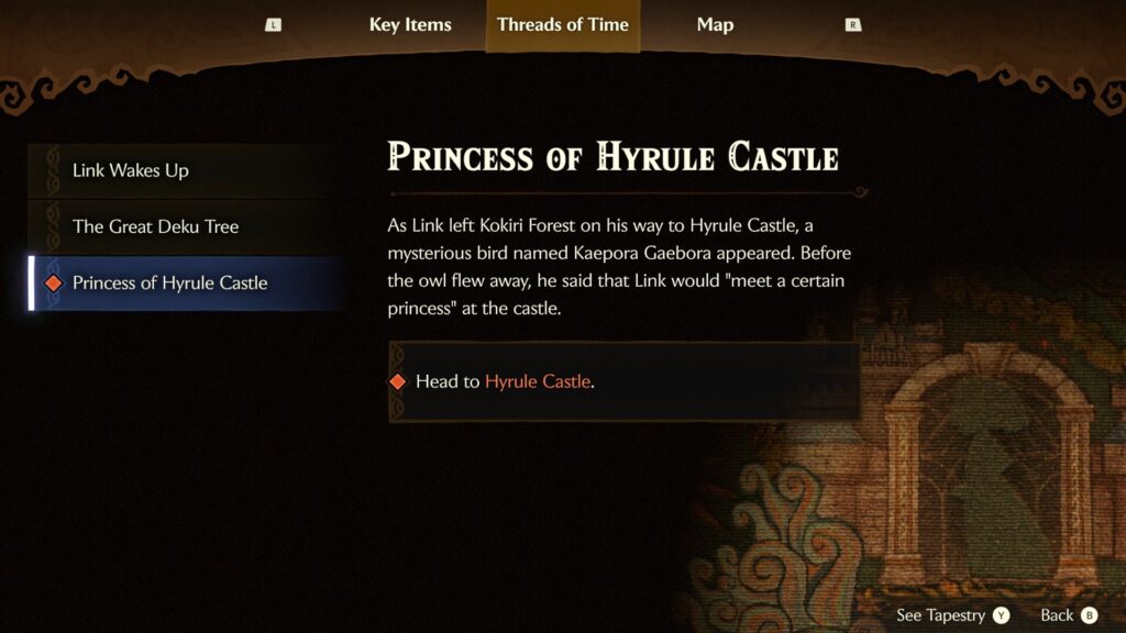 Menú Hilos del Tiempo del remake de Ocarina of Time