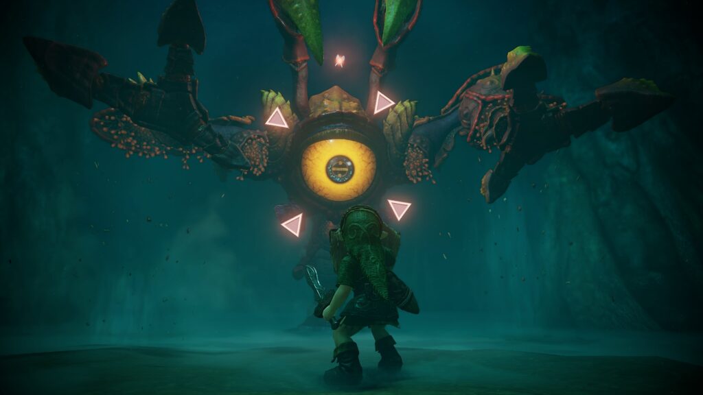 Link frente a la Reina Gohma dentro del Gran Árbol Deku en el remake de Ocarina of Time