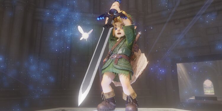 Link adulto alza la Espada Maestra en Ocarina of Time para Nintendo Switch 2