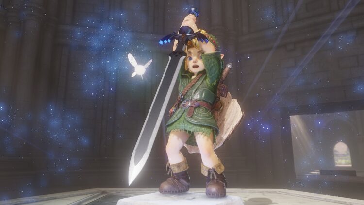 Link adulto alza la Espada Maestra en Ocarina of Time para Nintendo Switch 2