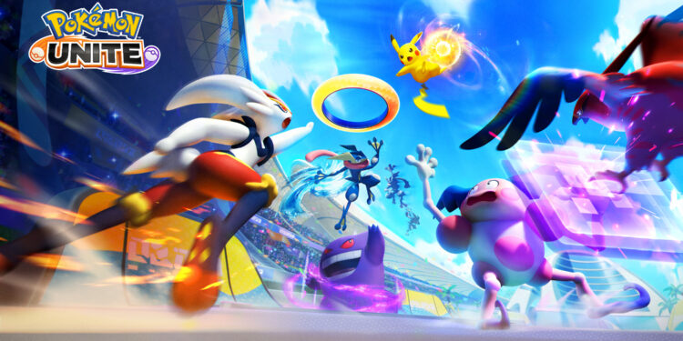 Key art oficial de Pokémon UNITE con Pikachu, Cinderace, Greninja y Gengar