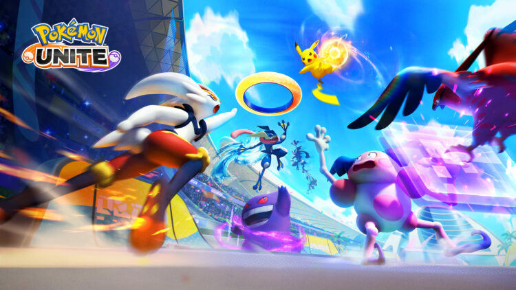 Key art oficial de Pokémon UNITE con Pikachu, Cinderace, Greninja y Gengar