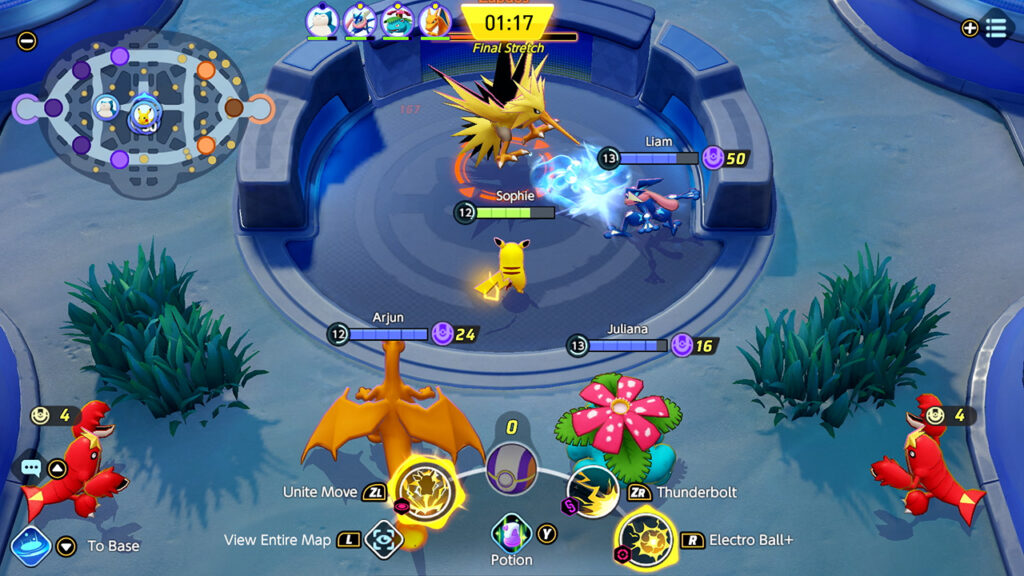 Batalla por Zapdos en el tramo final de una partida de Pokémon UNITE