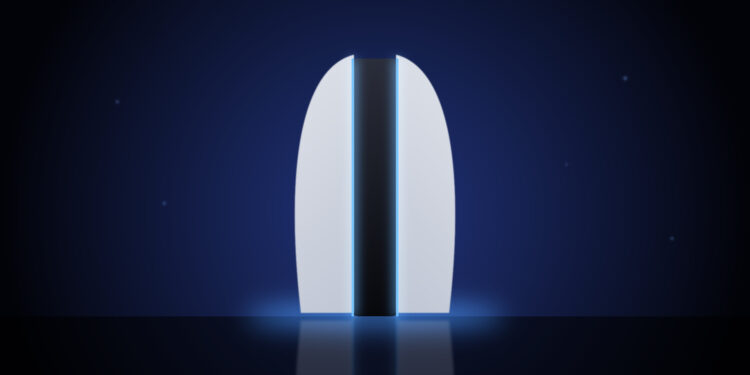 Imagen conceptual de una consola de nueva generación blanca y negra con luz azul; no es el diseño real de PS6