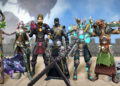Grupo de aventureros de RuneScape con armaduras y armas en una plaza
