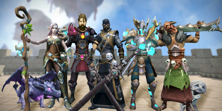 Grupo de aventureros de RuneScape con armaduras y armas en una plaza