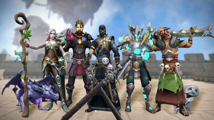 Grupo de aventureros de RuneScape con armaduras y armas en una plaza