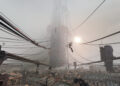 La Ciudadela entre la niebla sobre los tejados de Ciudad 17 en Half-Life: Alyx