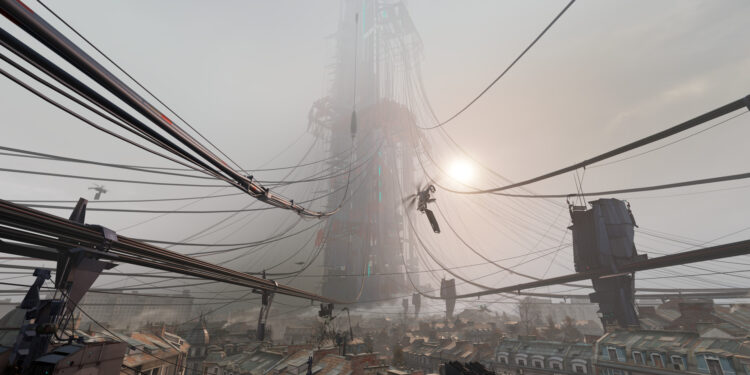 La Ciudadela entre la niebla sobre los tejados de Ciudad 17 en Half-Life: Alyx