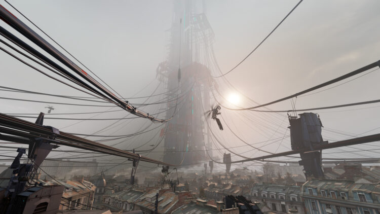 La Ciudadela entre la niebla sobre los tejados de Ciudad 17 en Half-Life: Alyx