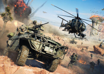 Vehículo y helicóptero en combate en un escenario desértico de Battlefield 6