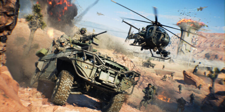 Vehículo y helicóptero en combate en un escenario desértico de Battlefield 6