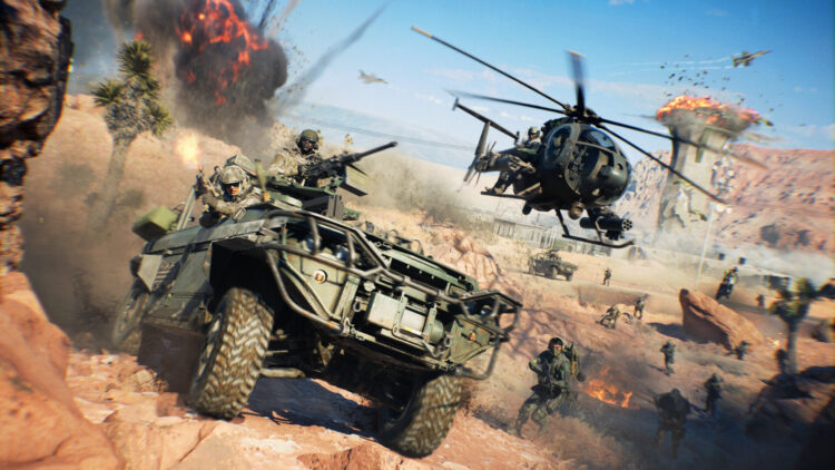 Vehículo y helicóptero en combate en un escenario desértico de Battlefield 6