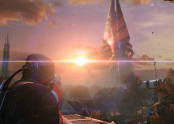 Comandante Shepard contempla el atardecer en Mass Effect