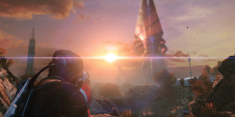 Comandante Shepard contempla el atardecer en Mass Effect