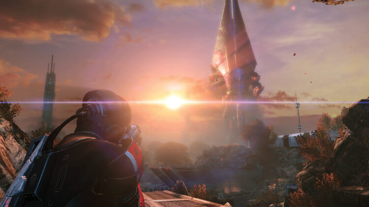 Comandante Shepard contempla el atardecer en Mass Effect