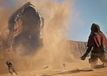 Un gusano de arena emerge del desierto ante un jugador en Dune: Awakening