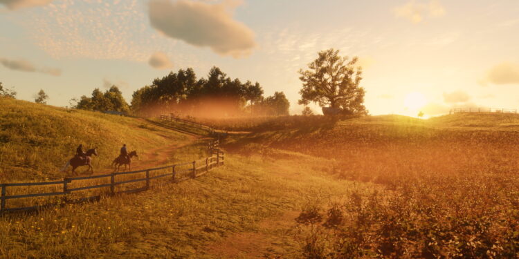 Dos jinetes cabalgan por una pradera al atardecer en Red Dead Redemption 2