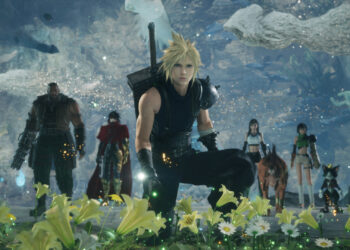 Cloud y sus compañeros en un campo de flores en Final Fantasy VII Revelation