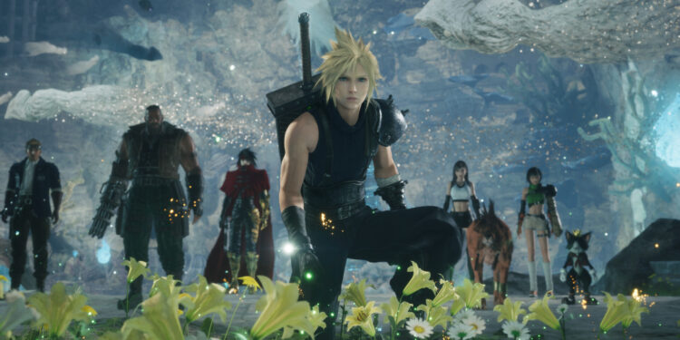 Cloud y sus compañeros en un campo de flores en Final Fantasy VII Revelation