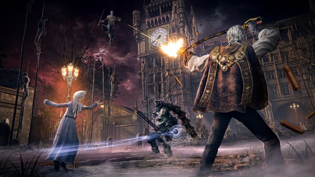 Varios Bloodsworn se enfrentan con armas de fuego y espadas en una ciudad gótica de The Duskbloods