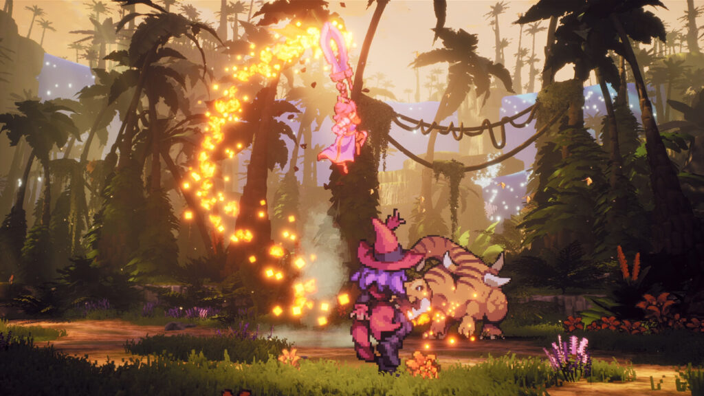 Combate de Threads of Time con una bruja y un dinosaurio en la jungla