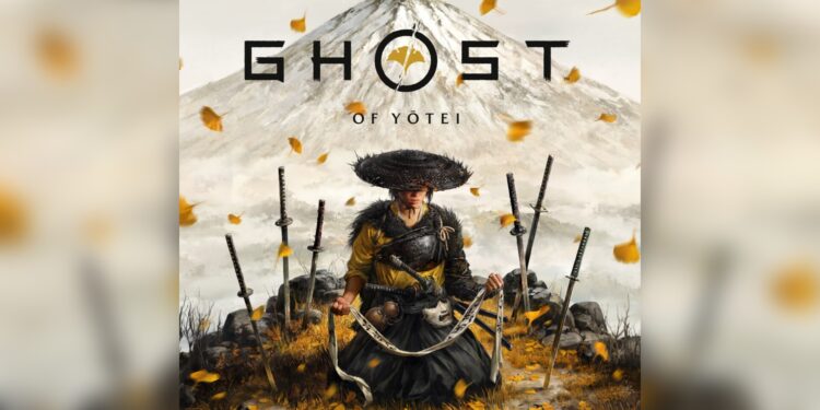 Atsu, protagonista de Ghost of Yōtei, sentada ante el monte Yōtei rodeada de katanas